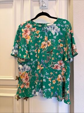 LOFT Green Floral Flutter-Sleeve Blouse